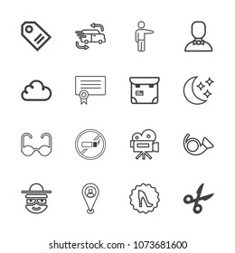 Premium outline set of icons containing trumpet, pin, fast, transportation, sunglasses, sale, car, retro, tool, cut, tag. Simple, modern flat vector illustration for mobile app, website or desktop app
