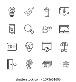 Premium outline set of icons containing page, umbrella, cash, sign, parasol, finance, europe, tripod, retro, lamp, money. Simple, modern flat vector illustration for mobile app, website or desktop app