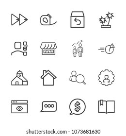 Premium outline set of icons containing internet, shipping, business, music, button, click, box, sign, tropical, summer. Simple, modern flat vector illustration for mobile app, website or desktop app