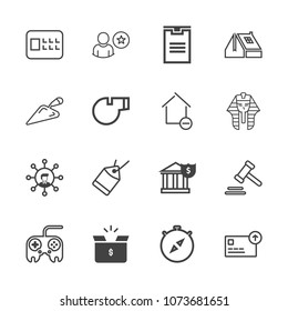 Premium outline set of icons containing law, display, arrow, box, shipping, lock, technology, cardboard, home, business. Simple, modern flat vector illustration for mobile app, website or desktop app