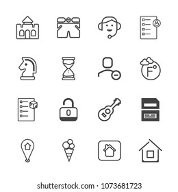 Premium outline set of icons containing center, location, medieval, cargo, music, sweet, home, computer, human, house. Simple, modern flat vector illustration for mobile app, website or desktop app