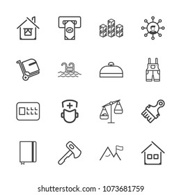 Premium outline set of icons containing doctor, paintbrush, page, safety, home, lock, hospital, paper, screen, machine. Simple, modern flat vector illustration for mobile app, website or desktop app
