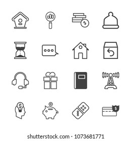 Premium outline set of icons containing hat, business, search, birdhouse, home, finance, notebook, head, wooden, row. Simple, modern flat vector illustration for mobile app, website or desktop app