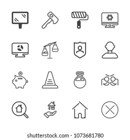Premium outline set of icons containing brush, coin, construction, street, equipment, roll, computer, house, template. Simple, modern flat vector illustration for mobile app, website or desktop app