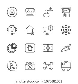 Premium outline set of icons containing online, shop, pitch, network, unlock, letter, protection, luggage, white, graph. Simple, modern flat vector illustration for mobile app, website or desktop app