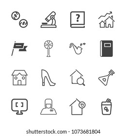 Premium outline set of icons containing folk, musical, home, string, biology, juice, bellhop, finance, cocktail, laptop. Simple, modern flat vector illustration for mobile app, website or desktop app