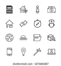 Premium outline set of icons containing laboratory, landscape, magician, video, computer, document, cell, report, mobile. Simple, modern flat vector illustration for mobile app, website or desktop app