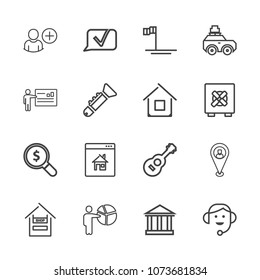 Premium outline set of icons containing find, music, communication, chat, blue, map, food, cart, tourism, pin, search. Simple, modern flat vector illustration for mobile app, website or desktop app