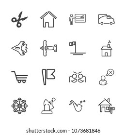 Premium outline set of icons containing ship, bugle, party, cancel, property, nautical, america, musical, rent, shop. Simple, modern flat vector illustration for mobile app, website or desktop app