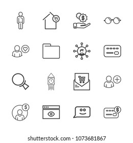Premium outline set of icons containing optical, face, big, man, glasses, accounting, supermarket, browser, bill, home. Simple, modern flat vector illustration for mobile app, website or desktop app