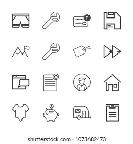Premium outline set of icons containing building, communication, cash, delivery, transport, real, fashion, traffic, man. Simple, modern flat vector illustration for mobile app, website or desktop app