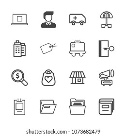 Premium outline set of icons containing building, sun, file, real, parasol, search, gramophone, man, business, badge. Simple, modern flat vector illustration for mobile app, website or desktop app