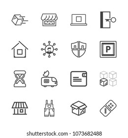 Premium outline set of icons containing shipment, house, exit, profile, work, domino, clock, box, unpacking, curtain, tv. Simple, modern flat vector illustration for mobile app, website or desktop app