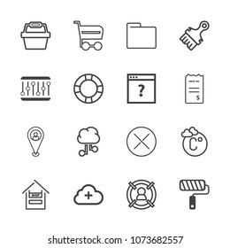 Premium outline set of icons containing sign, thermometer, internet, add, pin, roll, blank, temperature, customer, paper. Simple, modern flat vector illustration for mobile app, website or desktop app