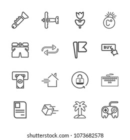 Premium outline set of icons containing atm, jazz, identity, work, business, computer, card, open, package, id, estate. Simple, modern flat vector illustration for mobile app, website or desktop app