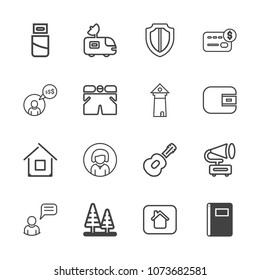 Premium outline set of icons containing estate, protect, antenna, person, lady, paper, guitar, balance, home, record, tv. Simple, modern flat vector illustration for mobile app, website or desktop app
