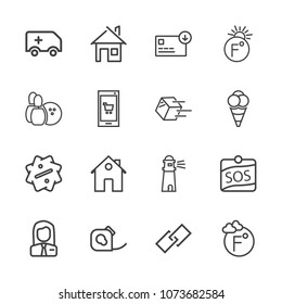 Premium outline set of icons containing light, sign, thermometer, business, sale, lighthouse, building, car, money, ball. Simple, modern flat vector illustration for mobile app, website or desktop app