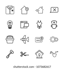 Premium outline set of icons containing action, owner, electricity, store, shirt, credit, tshirt, bugle, key, bird, bulb. Simple, modern flat vector illustration for mobile app, website or desktop app