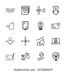 Premium outline set of icons containing pay, home, investment, communication, property, service, book, money, box, mask. Simple, modern flat vector illustration for mobile app, website or desktop app