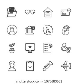 Premium outline set of icons containing money, growth, delivery, travel, folder, plane, box, profile, glasses, online. Simple, modern flat vector illustration for mobile app, website or desktop app