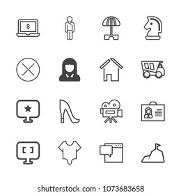 Premium outline set of icons containing bubble, message, shoe, nature, blue, summer, style, profile, camera, boy, woman. Simple, modern flat vector illustration for mobile app, website or desktop app