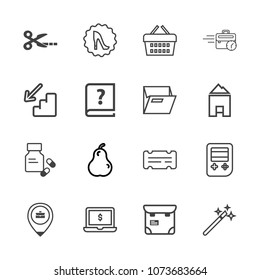 Premium outline set of icons containing business, wand, circle, wizard, web, arrow, cut, button, technology, ticket, job. Simple, modern flat vector illustration for mobile app, website or desktop app