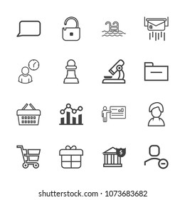 Premium outline set of icons containing businessman, speech, finance, sale, protection, basket, store, market, internet. Simple, modern flat vector illustration for mobile app, website or desktop app
