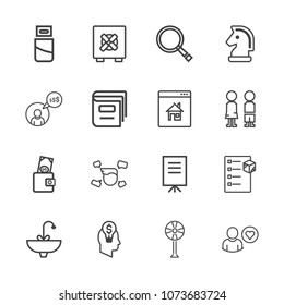 Premium outline set of icons containing lock, cooler, bathroom, checklist, wallet, boy, fan, online, tap, electric, safe. Simple, modern flat vector illustration for mobile app, website or desktop app