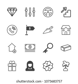 Premium outline set of icons containing home, crystal, key, sale, sign, door, girl, new, nature, business, lady, face. Simple, modern flat vector illustration for mobile app, website or desktop app