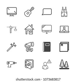 Premium outline set of icons containing musical, screen, magic, retro, work, technology, file, environment, forest, tree. Simple, modern flat vector illustration for mobile app, website or desktop app