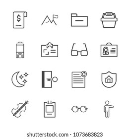 Premium outline set of icons containing musical, contract, badge, property, business, sale, pointing, music, eyeglasses. Simple, modern flat vector illustration for mobile app, website or desktop app