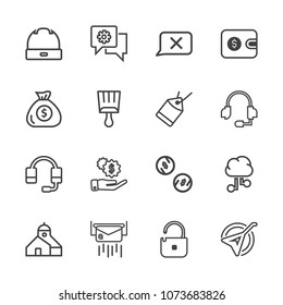 Premium outline set of icons containing mobile, financial, instrument, business, purse, chat, brush, white, currency. Simple, modern flat vector illustration for mobile app, website or desktop app