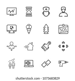 Premium Outline Set Of Icons Containing Equipment, Sand, Sign, Direction, Estate, Button, Hospital, Link, Timer, House. Simple, Modern Flat Vector Illustration For Mobile App, Website Or Desktop App