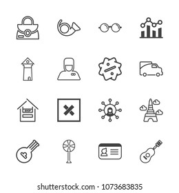 Premium outline set of icons containing musical, france, technology, cart, display, communication, glasses, fan, sign. Simple, modern flat vector illustration for mobile app, website or desktop app
