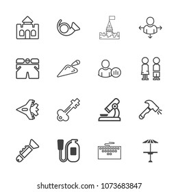 Premium outline set of icons containing medieval, castle, plane, work, biology, construction, direction, sign, road, jet. Simple, modern flat vector illustration for mobile app, website or desktop app
