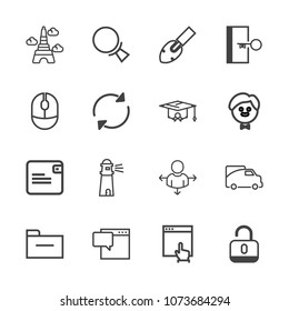 Premium outline set of icons containing light, sea, purse, landmark, lighthouse, bubble, security, eiffel, search, open. Simple, modern flat vector illustration for mobile app, website or desktop app