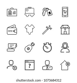 Premium outline set of icons containing musical, apartment, internet, travel, home, time, woman, video, unknown, tv, bag. Simple, modern flat vector illustration for mobile app, website or desktop app