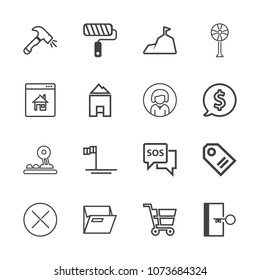 Premium outline set of icons containing sos, emergency, equipment, beach, price, brush, sign, danger, sky, retail, paper. Simple, modern flat vector illustration for mobile app, website or desktop app