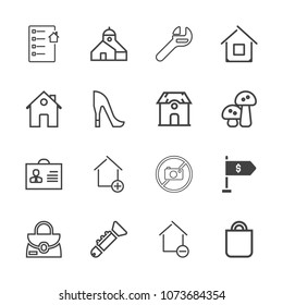 Premium outline set of icons containing trumpet, equipment, business, mushroom, bugle, bag, property, removal, female. Simple, modern flat vector illustration for mobile app, website or desktop app