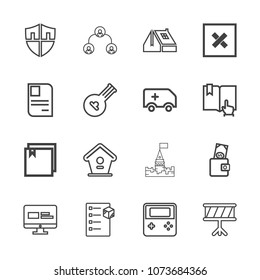 Premium outline set of icons containing roof, arrow, money, drum, home, construction, house, business, id, birdhouse. Simple, modern flat vector illustration for mobile app, website or desktop app