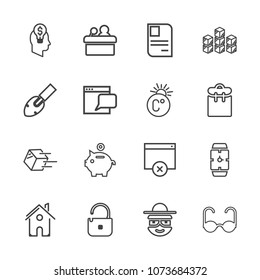Premium outline set of icons containing sign, delivery, speaker, bank, sun, id, public, minute, cartoon, happy, watch. Simple, modern flat vector illustration for mobile app, website or desktop app
