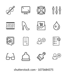 Premium outline set of icons containing target, cello, fashion, customer, screen, financial, sound, equality, package, . Simple, modern flat vector illustration for mobile app, website or desktop app