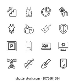 Premium outline set of icons containing music, wear, paper, car, internet, downstairs, presentation, musical, up, cello. Simple, modern flat vector illustration for mobile app, website or desktop app