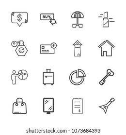 Premium outline set of icons containing business, businessman, bill, summer, sale, door, beauty, security, sun, frame. Simple, modern flat vector illustration for mobile app, website or desktop app