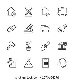 Premium outline set of icons containing package, support, timer, business, property, banking, luggage, house, apartment. Simple, modern flat vector illustration for mobile app, website or desktop app