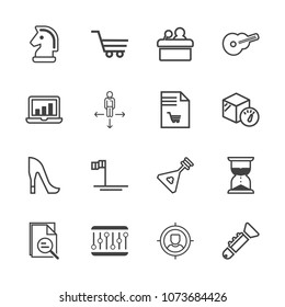 Premium outline set of icons containing tool, bugle, hourglass, musical, baja, ocean, music, string, fashion, zoom, game. Simple, modern flat vector illustration for mobile app, website or desktop app