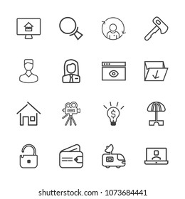 Premium outline set of icons containing profile, movie, retro, protection, find, refresh, cash, communication, real, sun. Simple, modern flat vector illustration for mobile app, website or desktop app