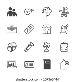 Premium outline set of icons containing bugle, office, object, call, musical, identity, chart, page, human, fashion, man. Simple, modern flat vector illustration for mobile app, website or desktop app