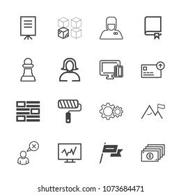 Premium outline set of icons containing profile, online, medical, element, news, currency, cardboard, brush, doctor, web. Simple, modern flat vector illustration for mobile app, website or desktop app