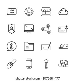 Premium outline set of icons containing customer, staff, success, label, paper, pay, technology, tag, cloud, medal, team. Simple, modern flat vector illustration for mobile app, website or desktop app